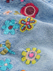 Mid Blue Embroidered Flowers Regular Length Frayed Edge Denim Shorts (3-16yrs)