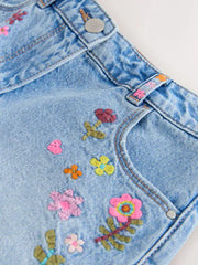 Mid Blue Embroidered Flowers Regular Length Frayed Edge Denim Shorts (3-16yrs)