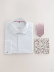White/Light Pink Slim Fit Cotton Rich Shirt, Tie, Pocket Square and Cufflink Occassion Set