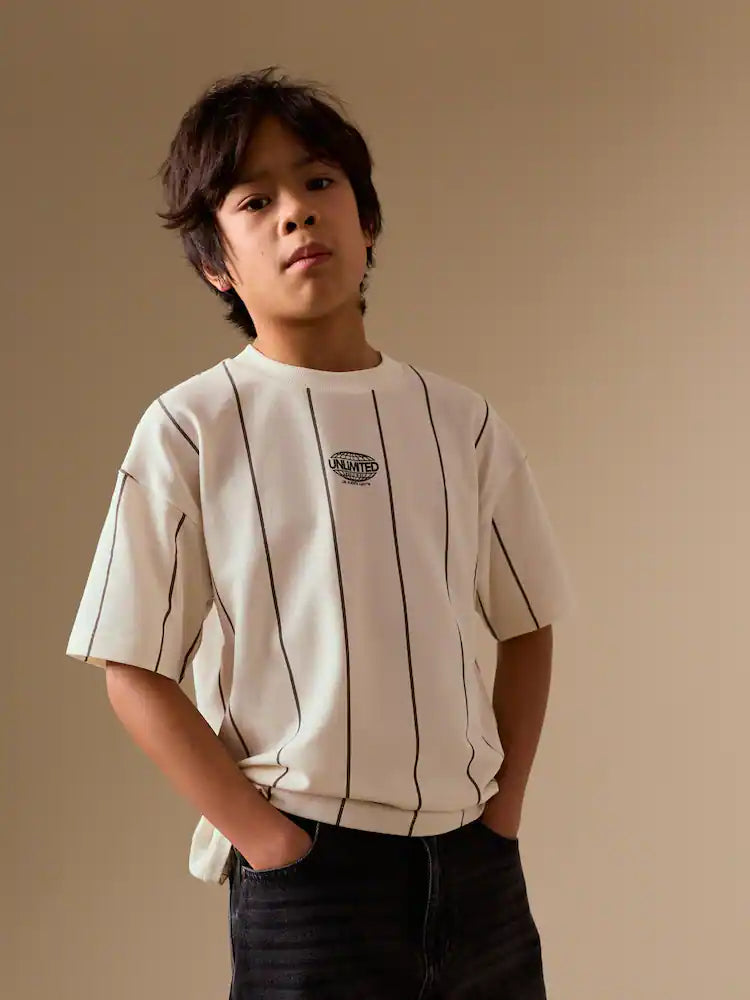 White/Black Stripe Short Sleeve Graphic T-Shirt (3-16yrs)