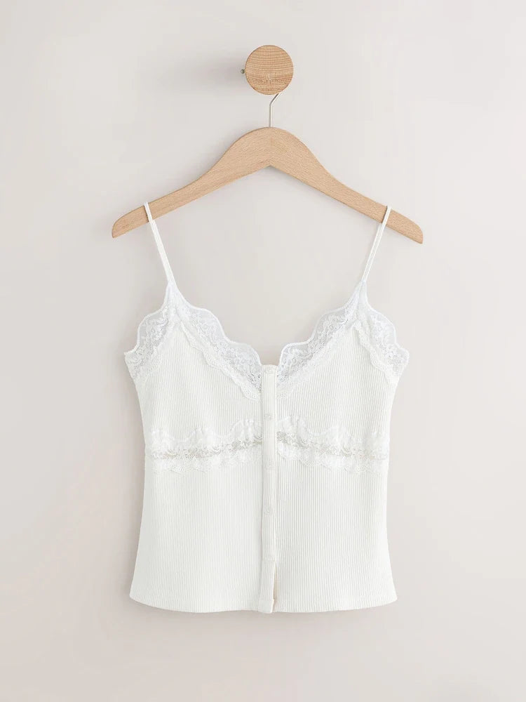 White V-Neck Ribbed Lace Trim Vest