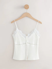 White V-Neck Ribbed Lace Trim Vest