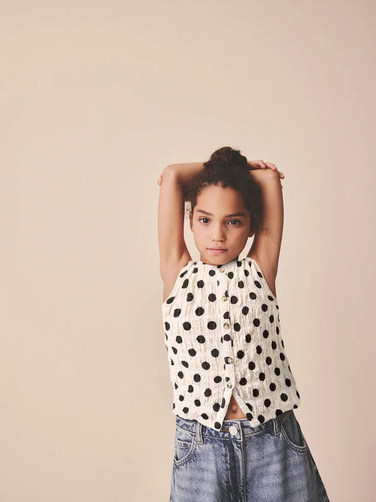 Black/White Spot Textured Button Front Top (3-16yrs)