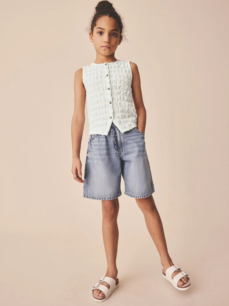 White Textured Button Front Top (3-16yrs)