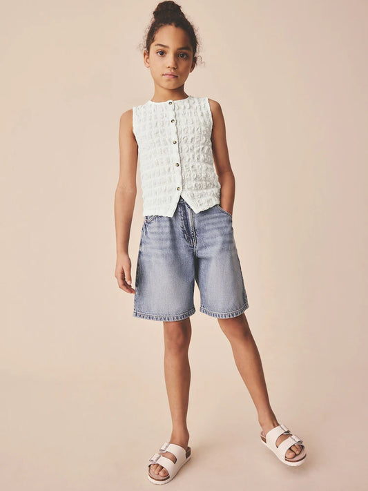 White Textured Button Front Top (3-16yrs)