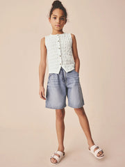 White Textured Button Front Top (3-16yrs)