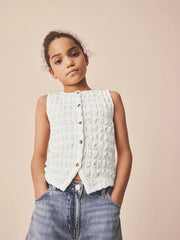 White Textured Button Front Top (3-16yrs)