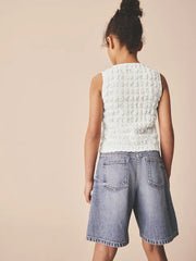 White Textured Button Front Top (3-16yrs)