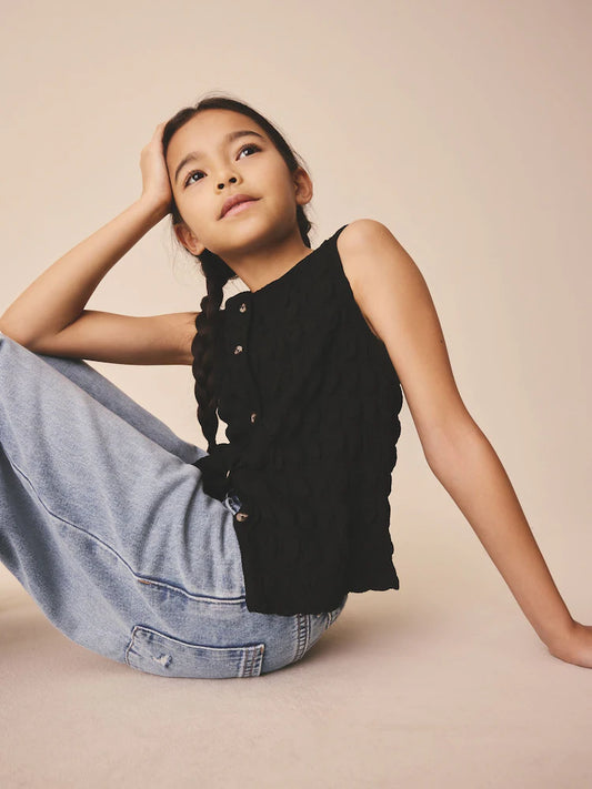 Black Textured Button Front Top (3-16yrs)