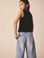 Black Textured Button Front Top (3-16yrs)