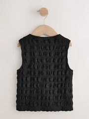 Black Textured Button Front Top (3-16yrs)