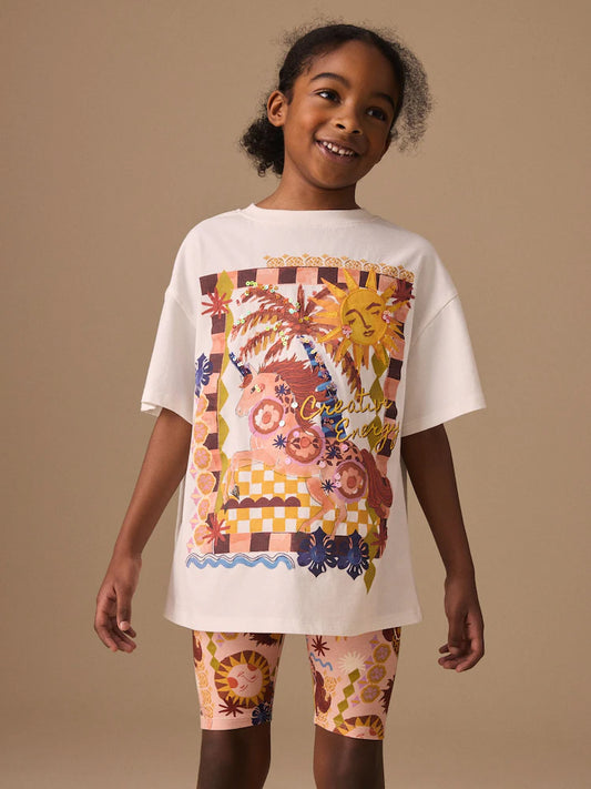 White Unicorn Sequin T-Shirt and Cycling Shorts Set (3-16yrs)