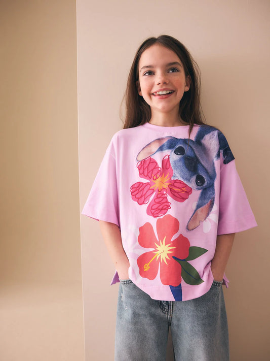 Pink Embroidered License Stitch Oversized Boxy T-Shirt (3-16yrs)