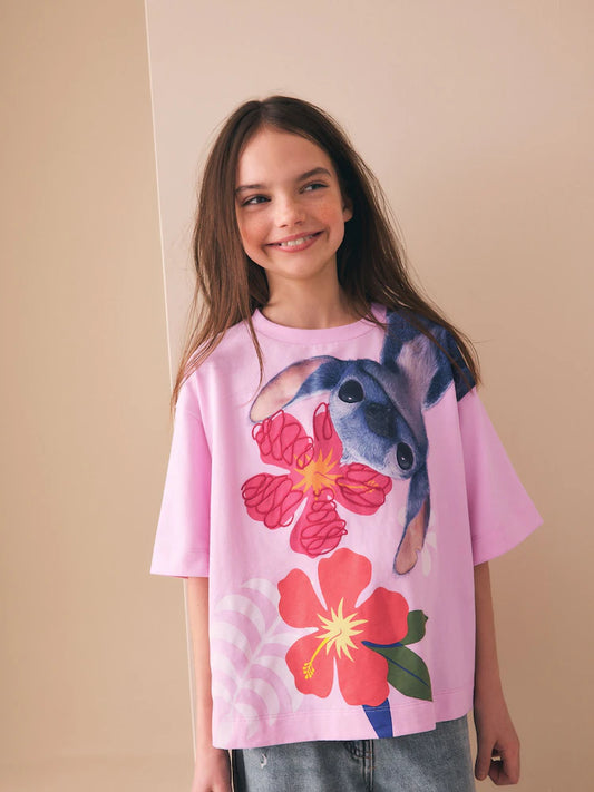 Pink Embroidered License Stitch Oversized Boxy T-Shirt (3-16yrs)