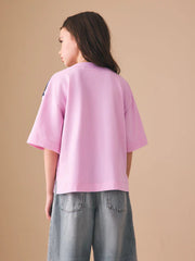 Pink Embroidered License Stitch Oversized Boxy T-Shirt (3-16yrs)