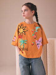 Orange Soleil Embroidered Oversized Boxy T-Shirt (3-16yrs)