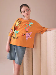 Orange Soleil Embroidered Oversized Boxy T-Shirt (3-16yrs)