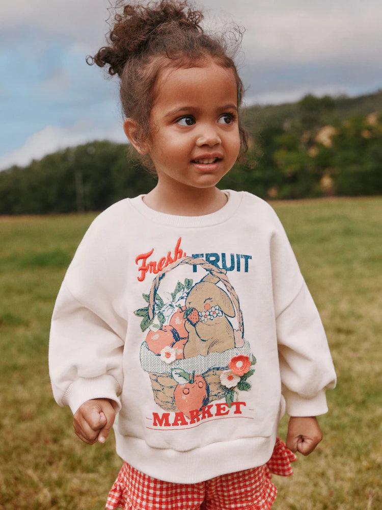 Cream Gingham Fruit Market Crew Neck Sweatshirt & Shorts Set (3mths-7yrs)