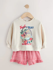 Cream Gingham Fruit Market Crew Neck Sweatshirt & Shorts Set (3mths-7yrs)