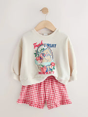 Cream Gingham Fruit Market Crew Neck Sweatshirt & Shorts Set (3mths-7yrs)