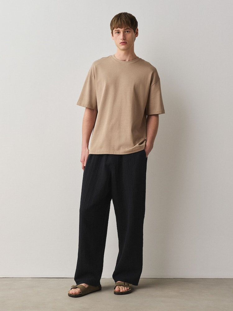Black Honeycomb Baggy Fit 100% Cotton Trousers With Elasticated Waist