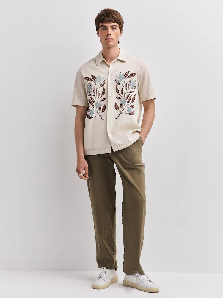 Khaki Green Relaxed Tapered Fit Seersucker Trousers