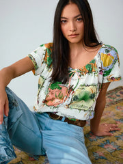 White Kew Garden Floral Print Short Sleeve Bubblehem Scoop Neck T-Shirt