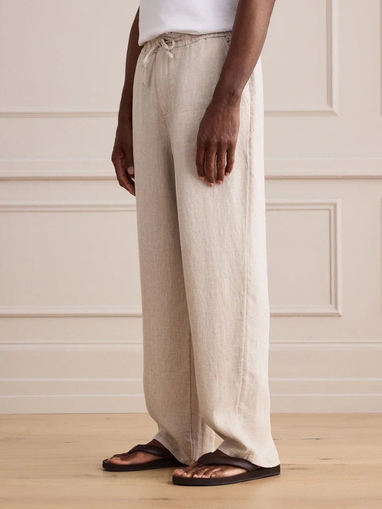 Stone Relaxed Fit Signature 100% Linen Textured Trousers With Elasticated Waist