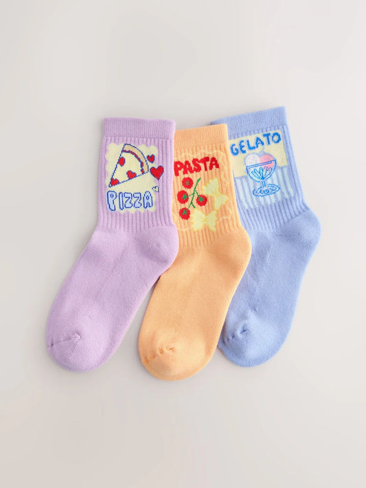 Purple, Blue and Orange Food Cotton Rich Cushioned Sole Ankle Socks 3 Pack