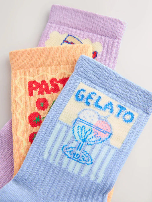 Purple, Blue and Orange Food Cotton Rich Cushioned Sole Ankle Socks 3 Pack
