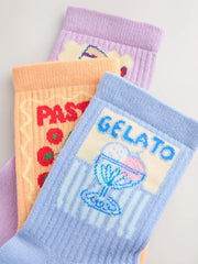 Purple, Blue and Orange Food Cotton Rich Cushioned Sole Ankle Socks 3 Pack