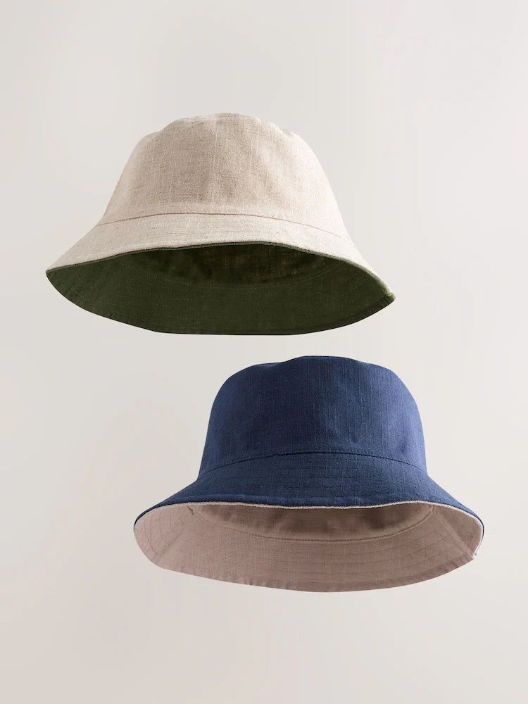 Khaki Green/Stone Linen Reversible Bucket Hats 2 Pack
