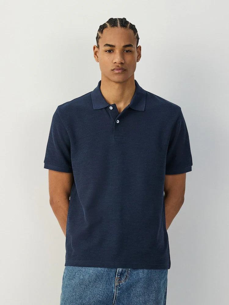 Regular Fit Textured Smart Polo Shirts Navy Blue Slub