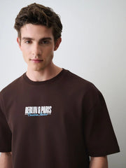 Brown Blue Text Regular Fit Graphic Print Heavy Weight T-Shirt