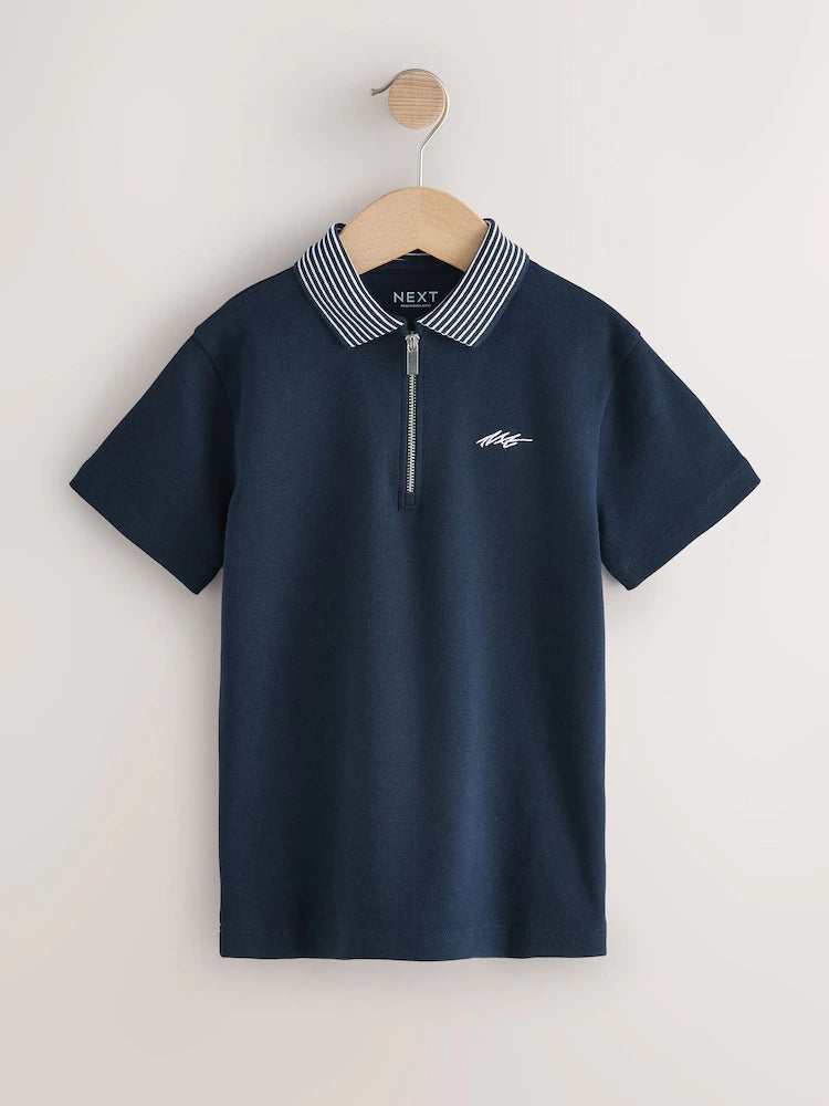 Navy Zip Neck Short Sleeve Jersey Polo Shirt (3-16yrs)