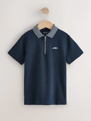 Navy Zip Neck Short Sleeve Jersey Polo Shirt (3-16yrs)
