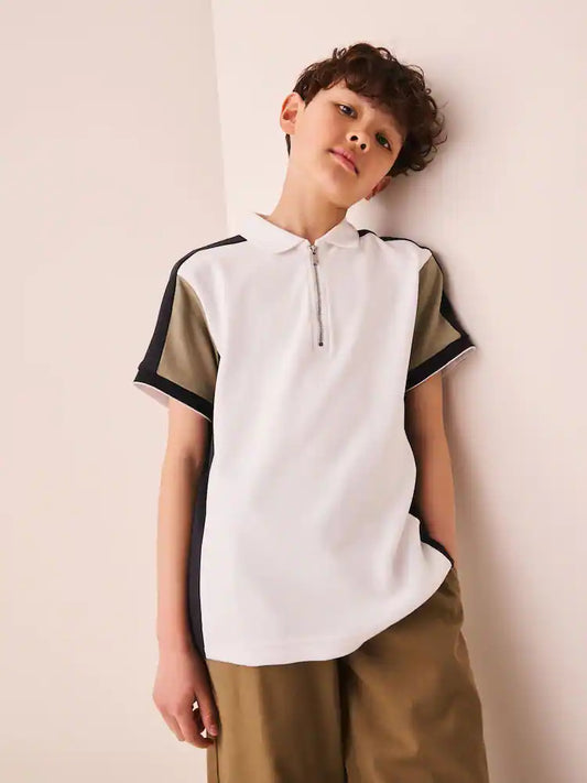Black/Tan/White Colourblock Short Sleeve Zip Neck Polo Shirt (3-16yrs)