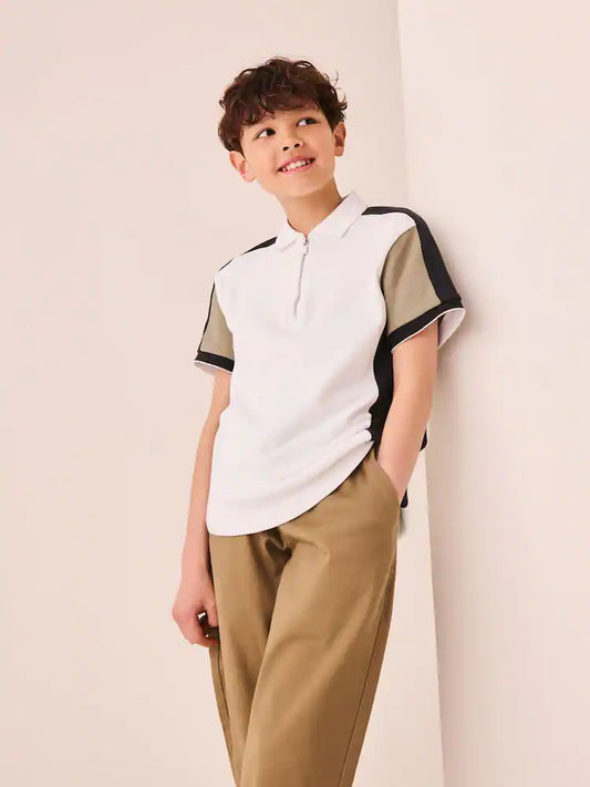 Black/Tan/White Colourblock Short Sleeve Zip Neck Polo Shirt (3-16yrs)