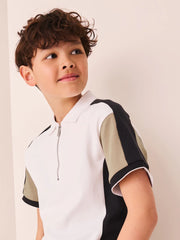 Black/Tan/White Colourblock Short Sleeve Zip Neck Polo Shirt (3-16yrs)