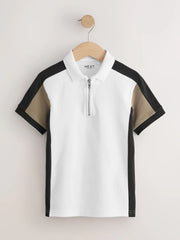 Black/Tan/White Colourblock Short Sleeve Zip Neck Polo Shirt (3-16yrs)
