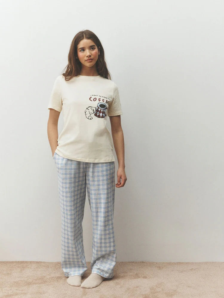 Blue Coffee Mugs/ Gingham Print Short Sleeve Pyjamas
