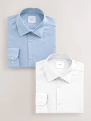 Blue/White Skinny Fit Easy Care Textured Slim Fit Single Cuff Smart Shirts 2 Pack