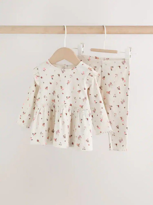 Ecru Floral Peplum Top and Leggings Baby Set (0mths-2yrs)