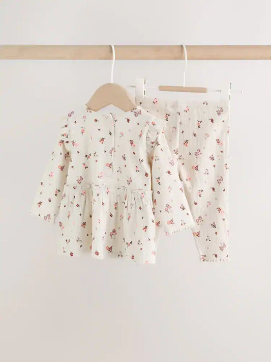 Ecru Floral Peplum Top and Leggings Baby Set (0mths-2yrs)