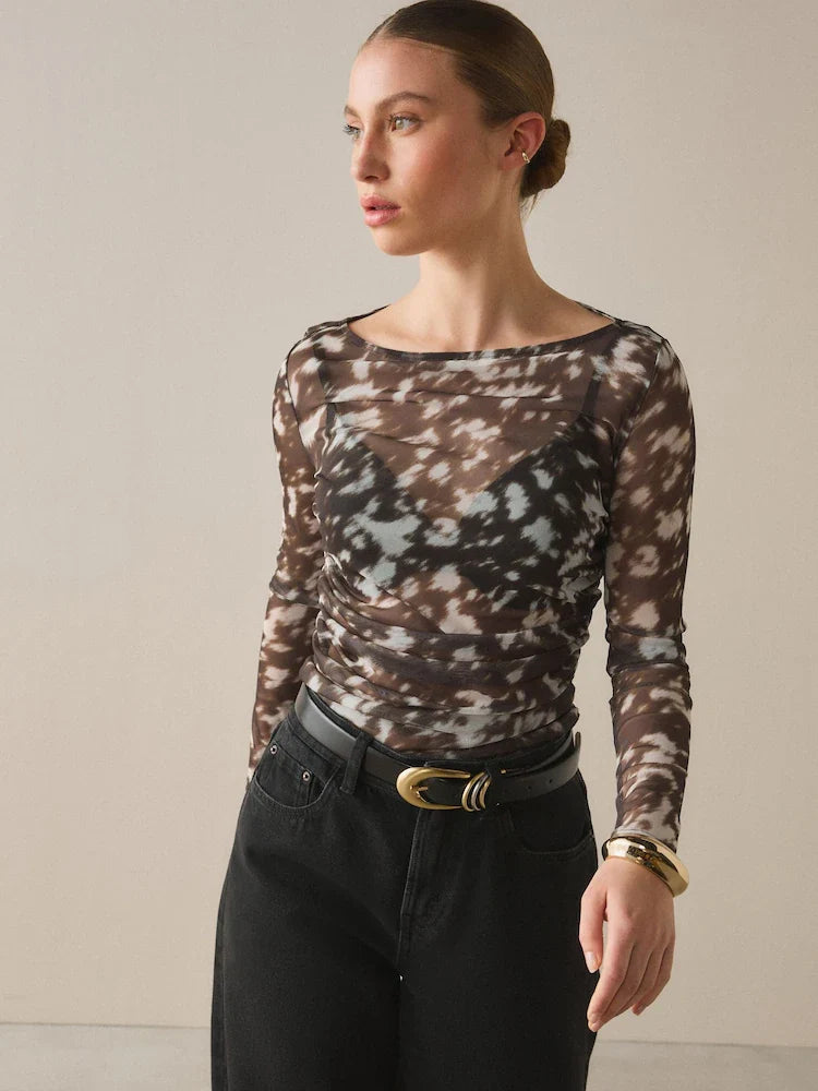 Brown Deer Print Ruched Long Sleeved Mesh Top