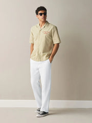 White Straight Fit Cotton Linen Blend Twill Chino Trousers