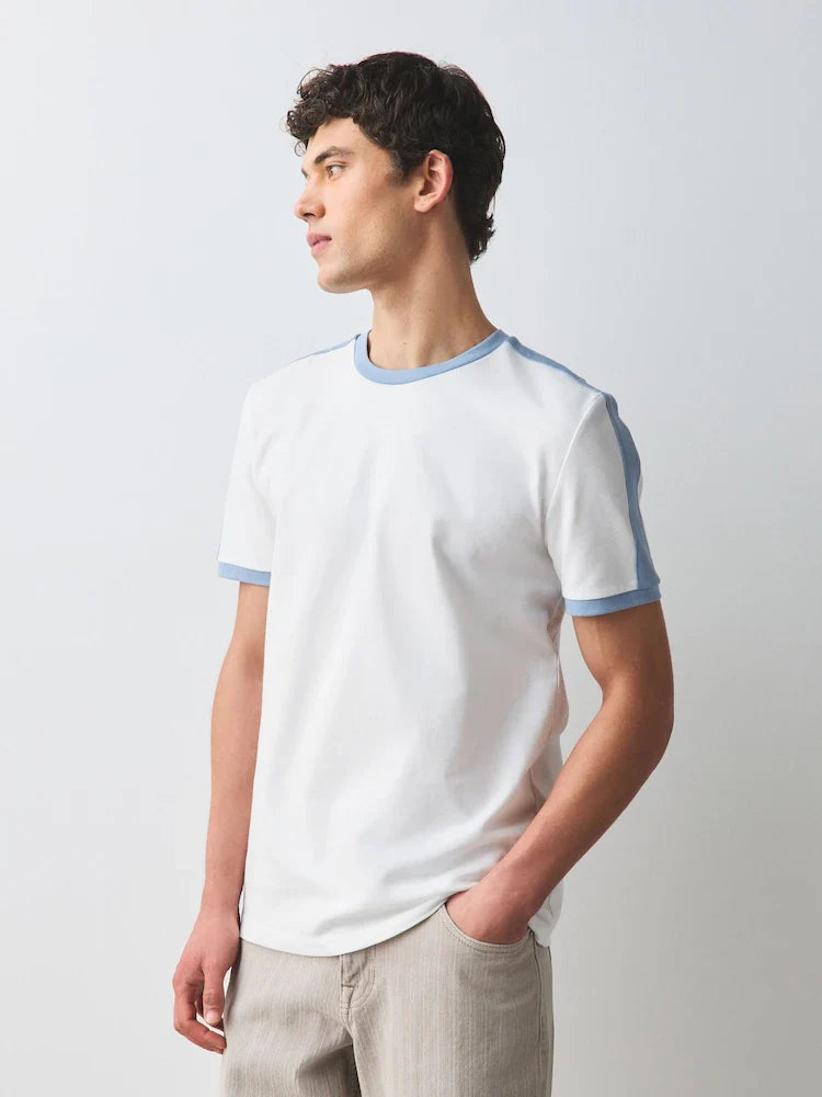 Ecru White/Blue Over Arm Stripe Ringer T-Shirt