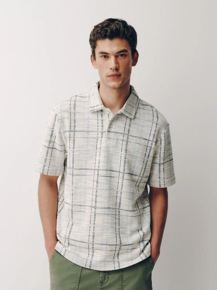 Ecru Check Pattern Textured Polo Shirt
