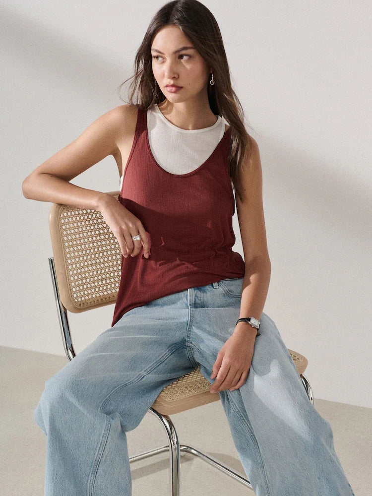 Red/White Sheer Layered Vest 2 In 1 Top