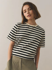 Black/Ecru Stripe Heavyweight Short Sleeve Crew Neck T-Shirt